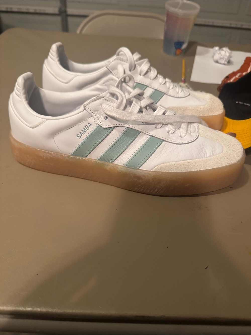 adidas Samba White Sneakers with Mint Green Stripes and Gum Sole